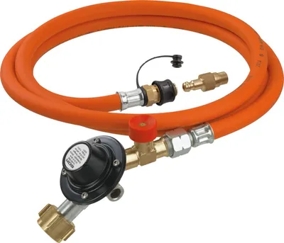 Produktbild von GOK Regler-Schlauch-Set 2,0 bar 2 kg/h – Gas-Kartuschen-Geräte an der Gasflasche betreiben, Shell-F-Anschluss für französische Gasflaschen, mit Schlauchbruchsicherung SBS, Schlauch 1200 mm