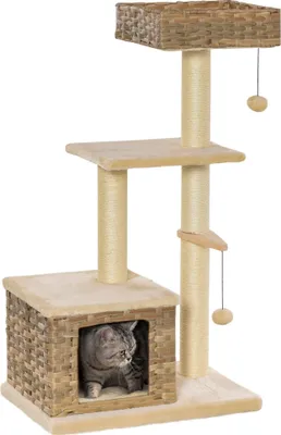 Produktbild von PawHut Ratanový kočičí strom Nábytek pro kočky s kočičí jeskyní Míčová hračka Sisal Měkký plyš PE Výška 108 cm Hnědá+Béžová
