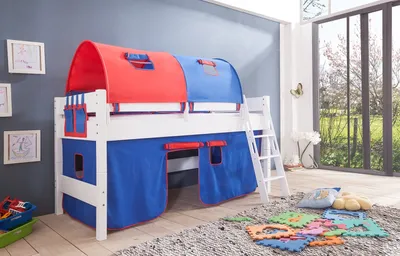 Produktbild von Relita Halbhohes Spielbett Kim Buche massiv weiß lackiert mit Textil-Set, blau/rot