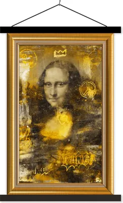 Produktbild von MuchoWow® Textilposter Mona Lisa - Da Vinci - Liste - Gold 40x60 cm mit schwarzem Rahmen - Wanddekorationen
