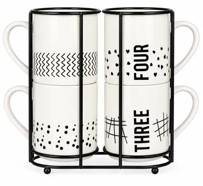 Produktbild von 4 Kaffeebecher 300ml aus Porzellan mit Metallständer Kaffeetassen Becher Tasse Mug
