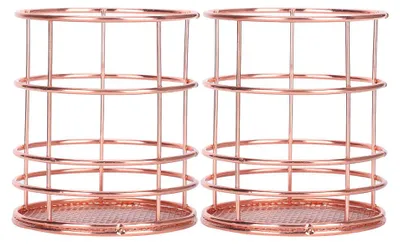 Immagine prodotto di 2 portamatite rotondi, oro rosa, cestino portaoggetti da scrivania, rete metallica, organizer per trucchi