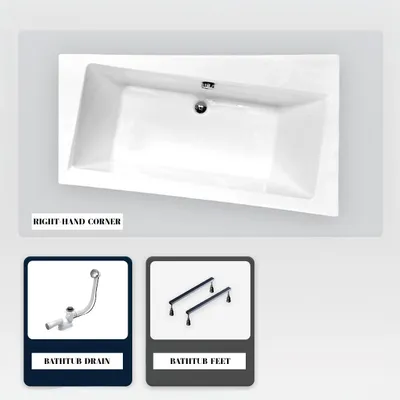 Produktbild von Asymmetrische Badewanne - 150 x 90 cm - Rechts - ohne Verkleidung - mit Füßen - Ablaufgarnitur Chrom - INFINITY