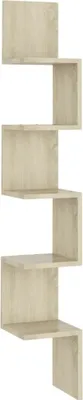A zig-zag corner shelf unit made of light wood-colored material, shown against a white background.