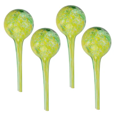 Obrázok produktu pre Dávkovač vody sada 4 kusov zo skla pre črepníkové rastliny, guľa, okrúhly Ø 8 cm farba zeleno-žltá 200 ml moderné, domáce podmienky, pre črepníky, pre kvety, regulácia vody - zabezpečuje optimálne dávkovanie