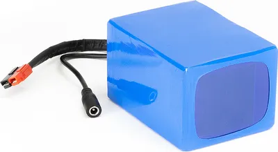 A blue lithium-ion battery pack with attached cables and connectors, shown on a white background.