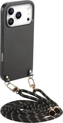 Immagine prodotto di Custodia in pelle con design a trama di carbonio e cordino nero per Apple iPhone 17 Pro