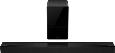 A black soundbar and subwoofer are displayed against a white background.