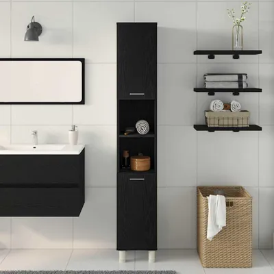 Produktbild von Eleganten-Stil Badezimmerschrank 1 PC,Modernes Design,Badmöbel,Badezimmer,mit Tür Schwarz Eichen-Optik 30x30x179 cm - Spiegelschränke - Möbel26