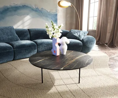 Produktbild von DELIFE Couchtisch Edge Rund 90x90 cm Keramik Laminam® Noir Desir Braun Trive Metall Schwarz