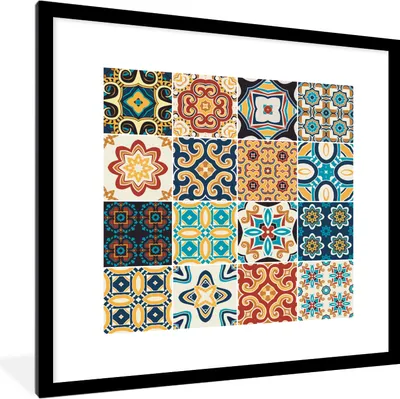 Produktbild von MuchoWow® Gerahmtes Poster Blumen - Vintage - Muster - Blau - Orange 40x40 cm - Poster mit Schwarzem Bilderrahmen Wandposter Rahmen Foto Bilder - Poster - Plakat im Rahmen