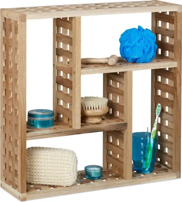 Produktbild von Relaxdays Wandregal Bad, Walnuss mit 5 Fächern, für Badezimmer, Flur und Wohnzimmer, H x B x T: 50 x 50 x 15 cm, natur