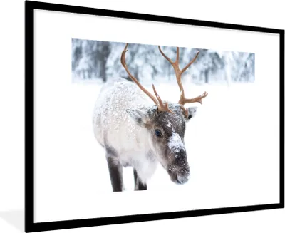 Produktbild von MuchoWow® MuchoWow® Gerahmtes Poster Hirsche - Rentiere - Schnee 90x60 cm - Poster mit zchwarzem Bilderrahmen - Wanddekoration - Fotos