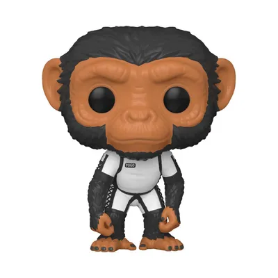 A vinyl figurine of a chimpanzee character from The Umbrella Academy, wearing a white and black suit.
