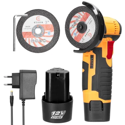 Obrázek produktu pro akumulátorová úhlová bruska 500 W 12V, brusný kotouč 76 mm, akumulátorová elektrická bruska s 2 bateriemi 1300 mAh a nabíječkou, 10 brusných kotoučů