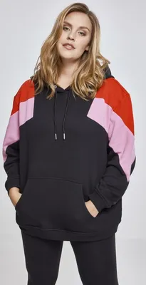 Produktbild von Urban Classics Damen Hoodie Ladies Oversize 3-Tone Block Hoody Black/Firered/Coolpink-M