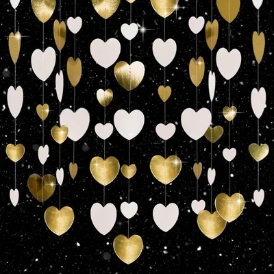 Productafbeelding van Papieren hartjesgirlande, glitters, goud en wit, 16 meter, 4 stuks