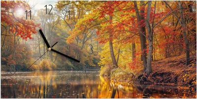 Produktbild von Wanduhr aus Glas mit Motiv Herbstwald See- 60 x 30 cm - inkl. Aufhängesystem