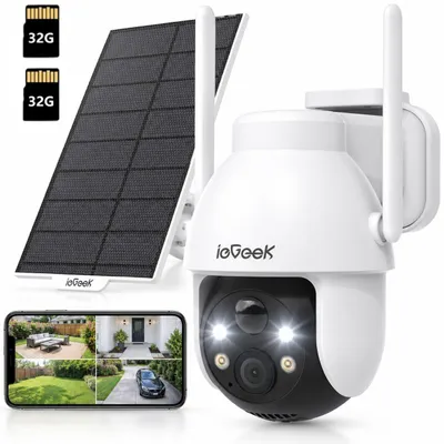 Zdjęcie produktu dla Kamera monitoringu zewnętrznego ieGeek, zasilana akumulatorem, 2K, monitorowanie zewnętrzne, solarna, 360°, Wi-Fi, zewnętrzna, bezprzewodowa, kolorowy tryb nocny, 64GB