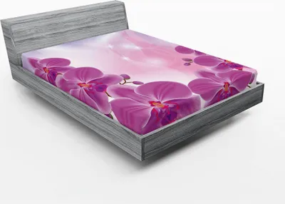 Produktbild von ABAKUHAUS Blumen Spannbetttuch, Exotische Orchideen-Blumen, die auf abstrakten Hintergrund blüht, kreist Sterne ein, 160 x 200 cm, Lila Pale Pink Blau