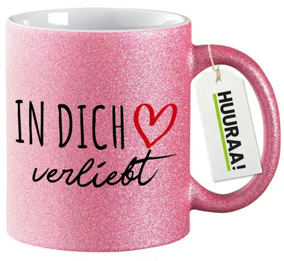 Produktbild von Huuraa Glitzertasse In dich verliebt 330ml Pink Keramik Kaffeebecher Geschenkidee
