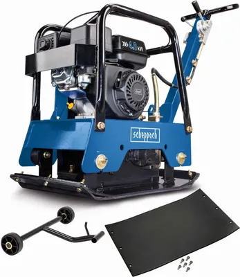 A blue and black vibratory plate compactor with accessories, including a rubber mat and a wheel kit, displayed on a white background.