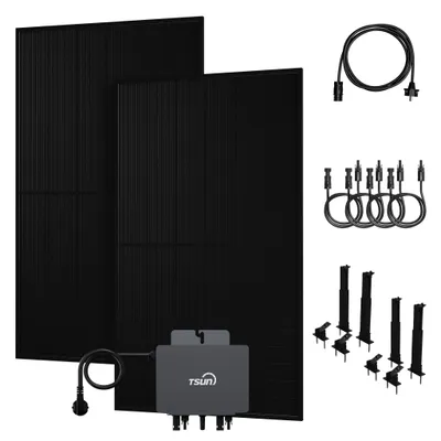 Produktbild von Powerness Balkonkraftwerk, 2x 500W PV Panel Bifazial Glas-Glas Solarmodul und TSUN 800W Mikrowechselrichter & Kabel & 2x Flachdach-Halterung 0% VAT