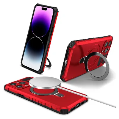 Image de Étui pour iPhone 14 Pro Max magnétique avec MagSafe, porte-anneau, support, étui de protection double couche rouge