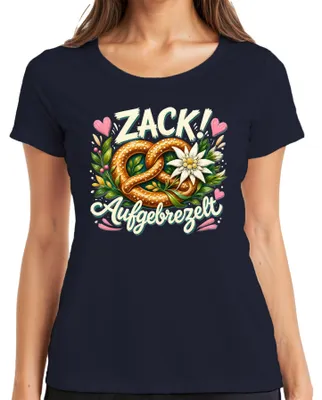 Produktbild von Zack Aufgebrezelt Brezel Edelweiss  Lederhose Dirndl Damen T-Shirt, Navy, L