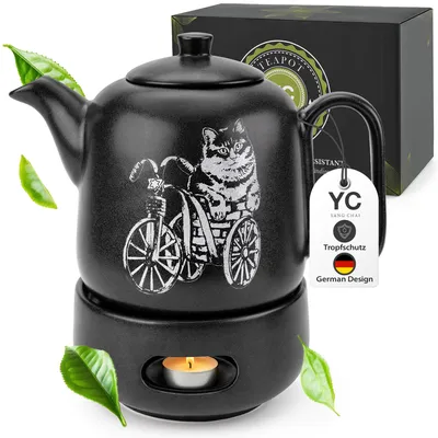Produktbild von YC Yang Chai Teekanne mit Stövchen - Keramik Schwarz Matt 1.3L - Teekanne mit Siebeinsatz - Tropffrei & Hitzebeständig - langanhaltende Wärme