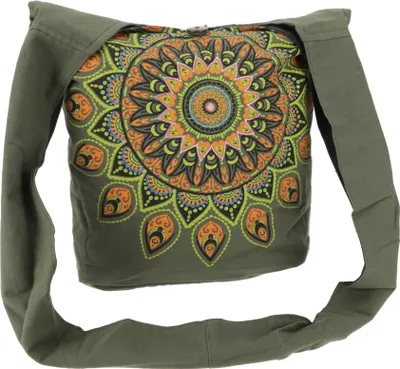 Produktbild von Bestickte Boho Tasche, Schulterbeutel mit Mandala, Nepalbeutel - Olivgrün/lemon, Uni - Erwachsene, Baumwolle, 33*37*20 cm, Alternative Umhängetasche, Handtasche aus Stoff