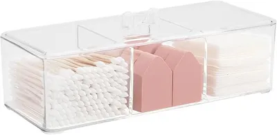 Produktbild von PolkaHome® Aufbewahrungsbox mit 3 Fächern, Transparente Kosmetik-Organizer-Box, Stapelbare Badzubehör-Box mit Deckel, Wattepad-Behälter