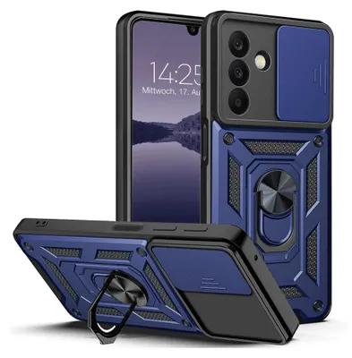 A blue and black armor phone case with a ring stand and camera cover is shown from multiple angles.