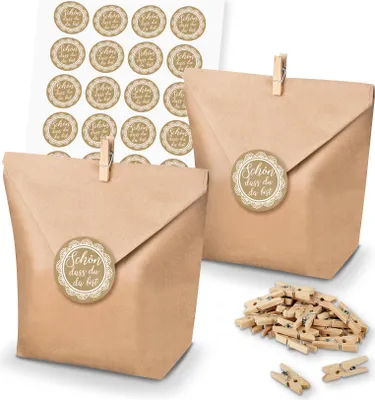 Produktbild von itenga SET 24x Geschenktüten + Klammern + Sticker Schön dass du da bist (M202)