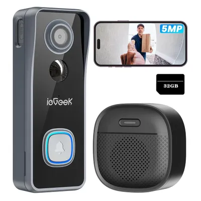 Produktbild von ieGeek 5MP WLAN Türklingel mit Kamera Kabellos, Akku Video Türklingel, AI/Radar/PIR Erkennung, 2,4GHz WLAN, Nachtsicht, 2-Wege-Audio, mit Gong, 32GB