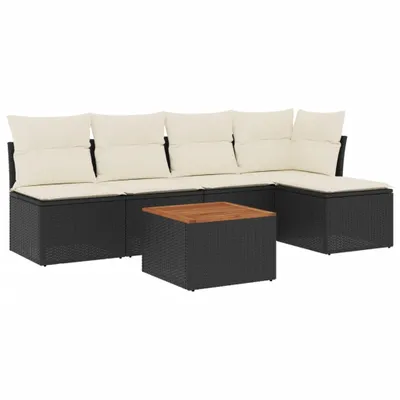 Produktbild von Modulares 6-tlg. Garten-Sofaset, Poly Rattan Schwarz, Akazienholz-Tisch, UV-beständig, cremeweiße Polyester-Kissen, abnehmbare Bezüge