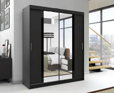 Produktbild von Schwebetürenschrank, 2-türig Schrank mit Spiegel, Kleiderschrank BRANI 180 Farbe: Schwarz / schwarz / schwarz