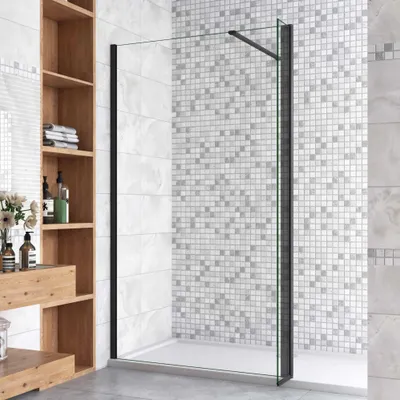 Produktbild von Schwarz Walkin Duschkabine 70x200cm + 30x200cm Flipper Panel mit Befestigungsstange die Klemme N Form: 90cm 8mm Nano-ESG Duschtrennwand