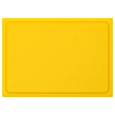 A yellow cutting board is shown from a top-down perspective on a white background.