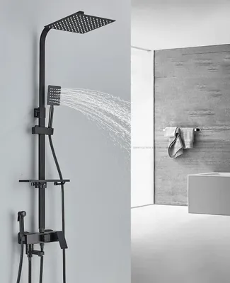 Produktbild von Regendusche Duschsystem - Thermostatarmatur mit Ablage - Einhebelmischer - Duschstange - Messing/304 Edelstahl - Matt Schwarz
