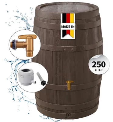 Productafbeelding van 4rain VINO regenton 250 L donkerbruin incl. kunststof uitloopkraan en regenpijp aansluiting, AI-gegenereerde afbeelding