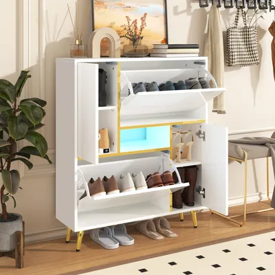Image de OKWISH Meuble à Chaussures Blanc - Design Moderne avec Éclairage LED 16 Couleurs, Structure en PB, 80x25x96 cm