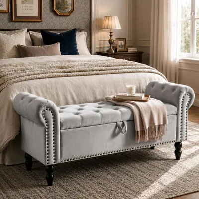 Image de Banc avec rangement, 133 cm, gris clair, aspect velours