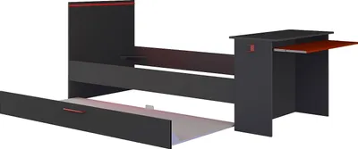 Produktbild von Ausziehbett Gamer mit Schreibtisch & LEDs - 90 x 200 und 90 x 190 cm + Lattenrost + Matratze - Anthrazit & Rot - VOUANI