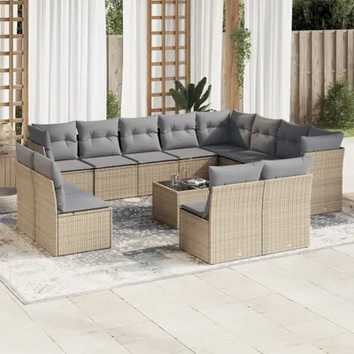 Produktbild von Design 13-tlg. Garten-Sofagarnitur mit Kissen Beige Poly Rattan, Gartenmöbel-Sets 2024 Neu