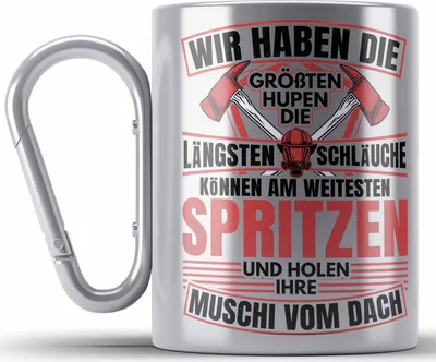 Produktbild von Trendation - Feuerwehr Spruch Geschenk Edelstahl Tasse Karabiner Feuerwehrmann Geschenkidee Lustig Männer Wir Haben Die Längsten Schläuche (Silber)