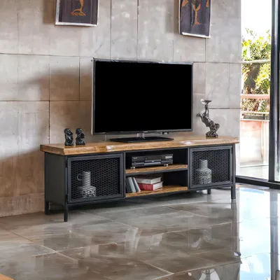 Produktbild von TV-Lowboard im Loft-Stil mit Holzoberfläche und Türen aus Gitterwerk