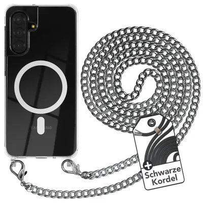 Produktbild von EAZY CASE Handykette kompatibel mit Samsung Galaxy A17 Kette zum Umhängen aus Metall, Silikonhülle mit Band, stoßfest, mit MagSafe in Silber