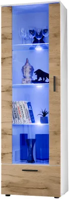 Produktbild von Komodee, Vitrine Schrank Alessandria, Weiß/Wotan, Breite 60cm x Höhe 192cm x Tiefe 42cm, 3 Glasböden, 1 Regal aus laminierter Platte, für Wohnzimmer, Schlafzimmer, LED Blau