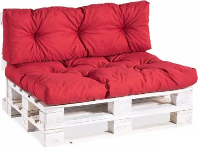 A red cushioned sofa made from wooden pallets, shown against a white background.